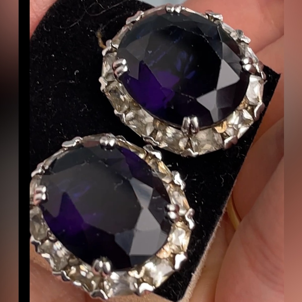 Dark purple large stone earrings vintage faux diamonds sterling silver 925